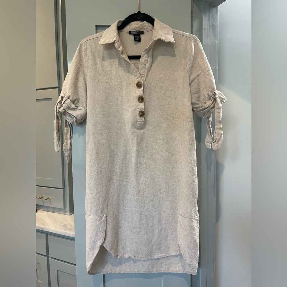 Robert Louis Women's Linen beige Tunic Shirt Dress with Pockets Size M